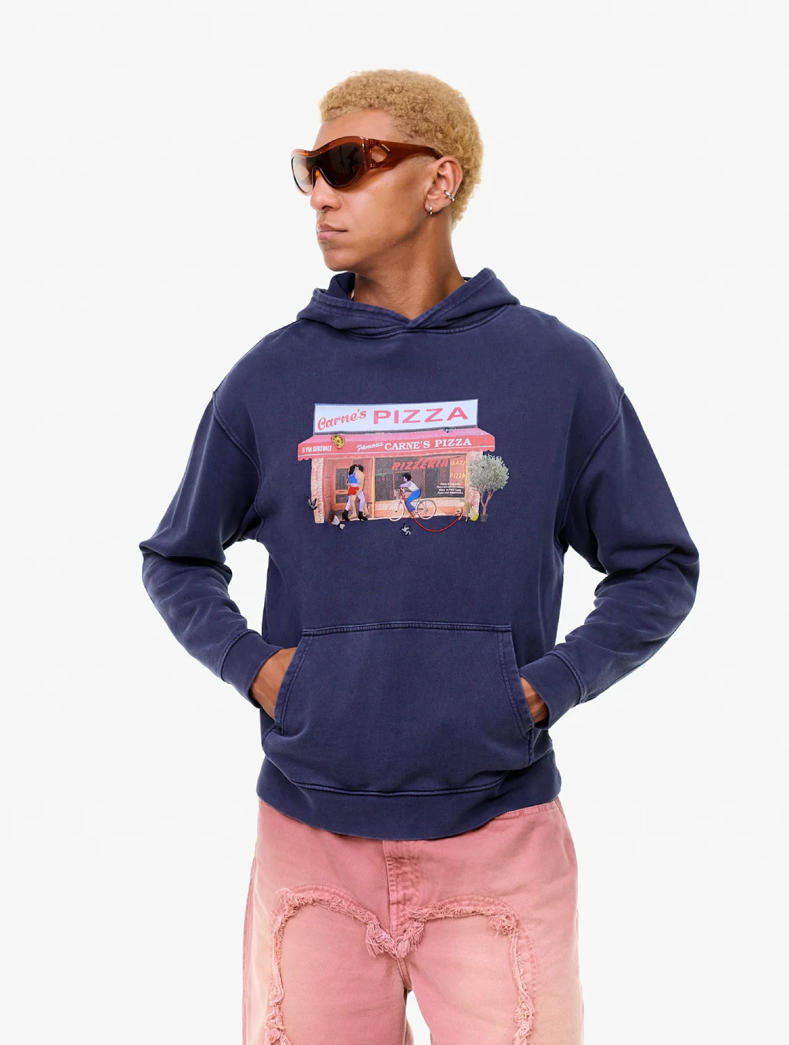 Carne Bollente Hot Slice Hoodie Navy front view on model