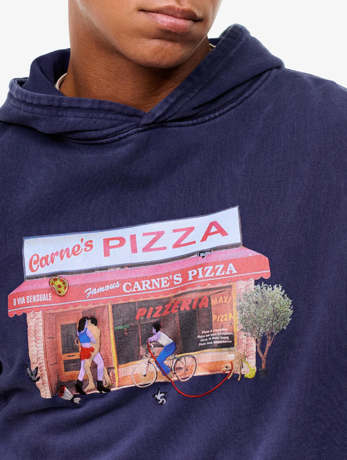 Carne Bollente Hot Slice Hoodie Navy front view on model