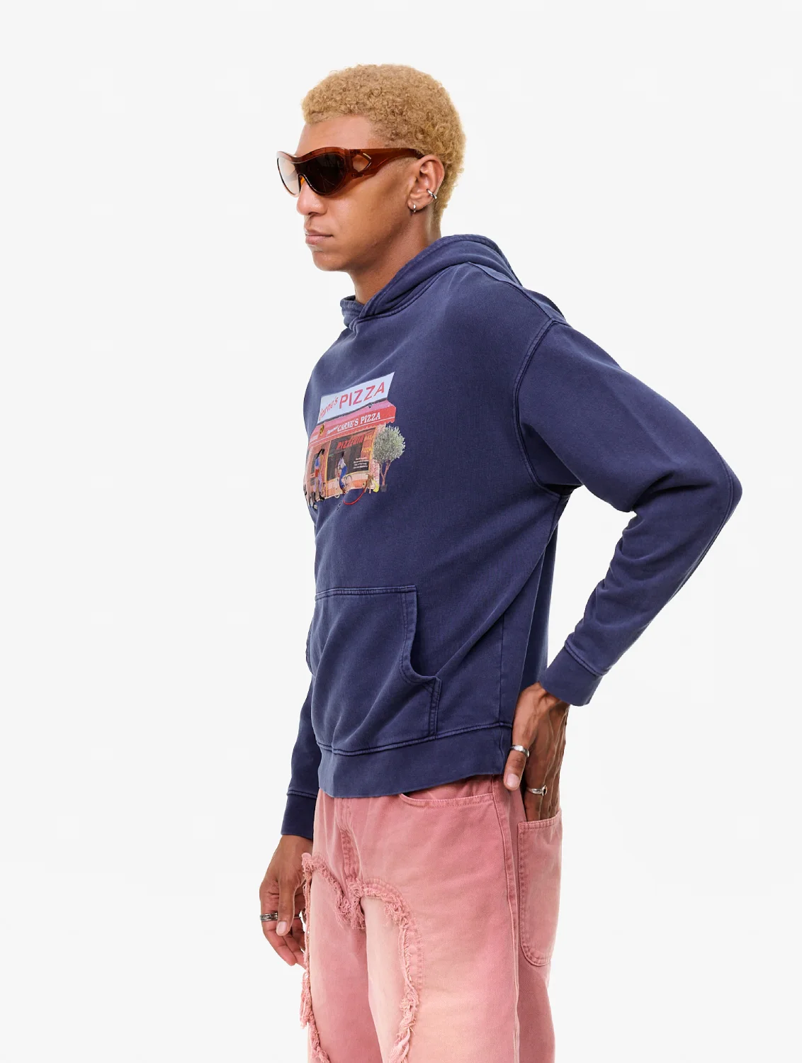 Carne Bollente Hot Slice Hoodie Navy front view on model