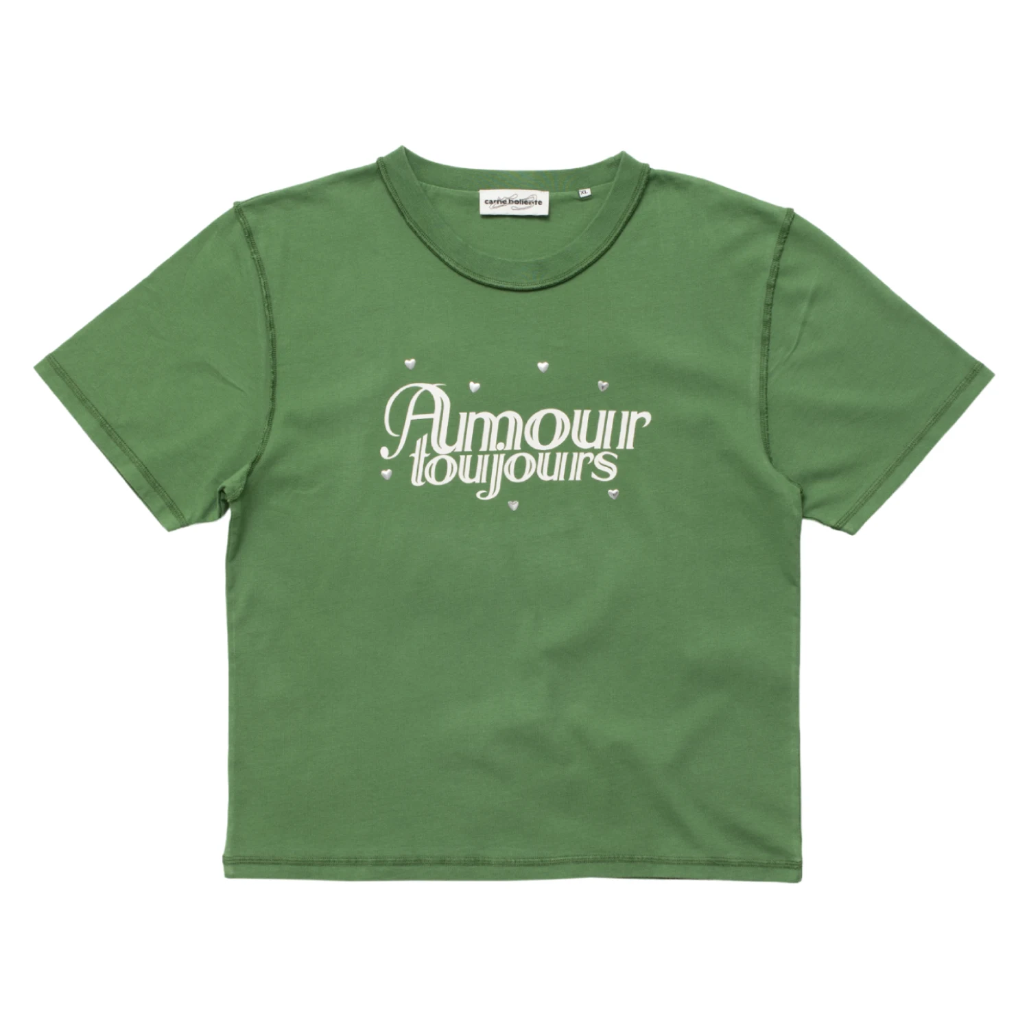 Carne Bollente Love Me Baby T-Shirt Green front view in a white background