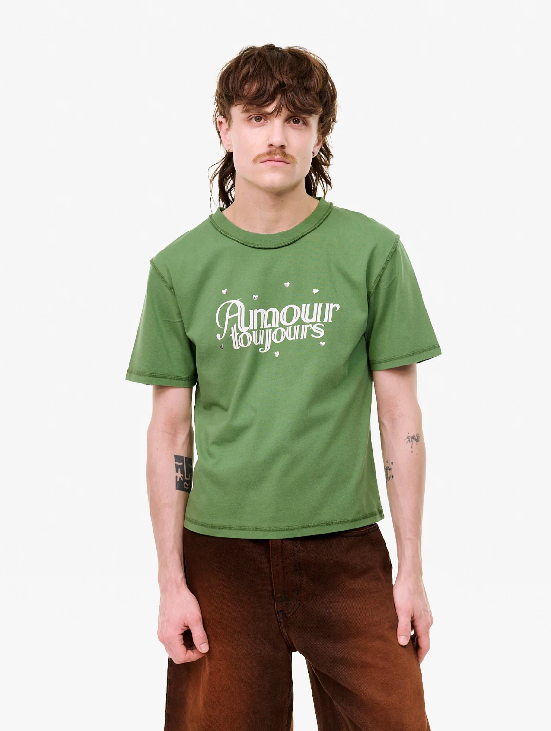 Carne Bollente Love Me Baby T-Shirt Green front view on model