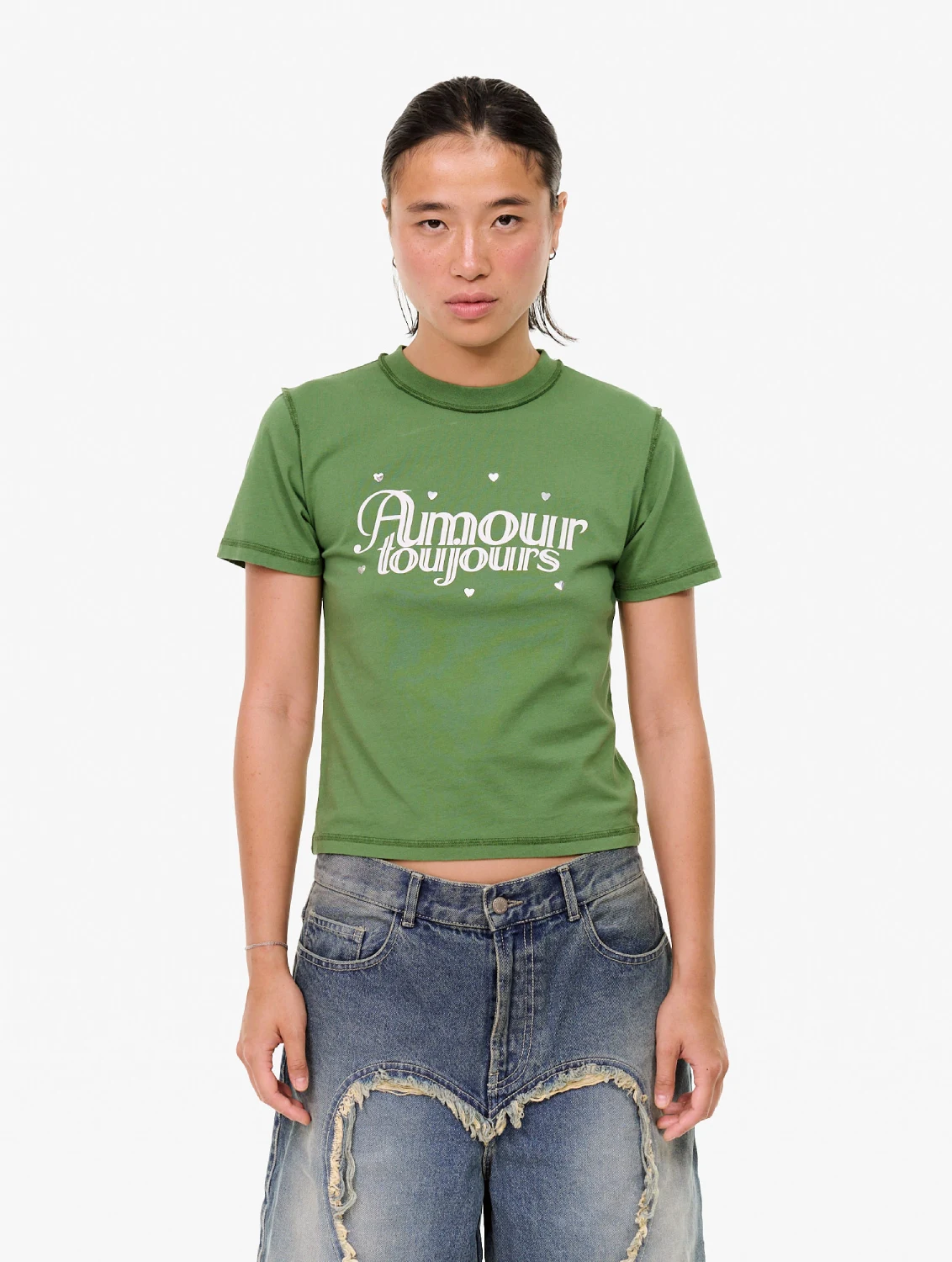 Carne Bollente Love Me Baby T-Shirt Green front view on model