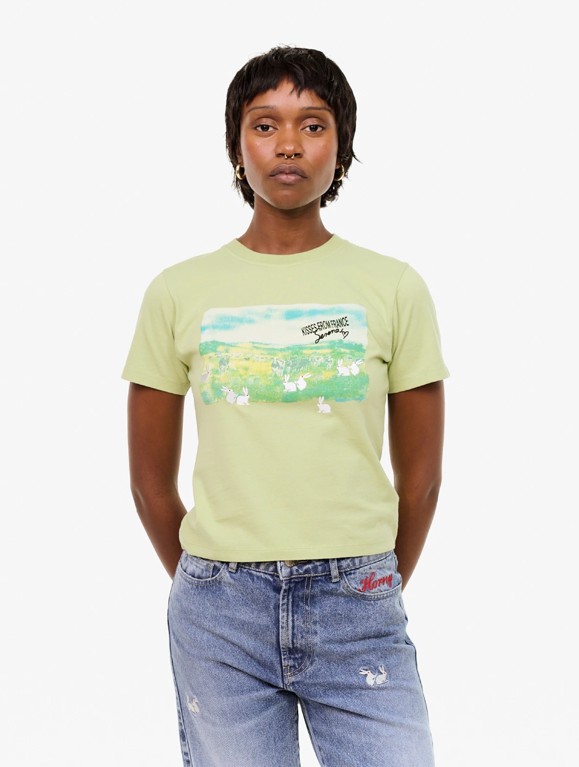 Carne Bollente Pasture Princess T-Shirt Green front view on model