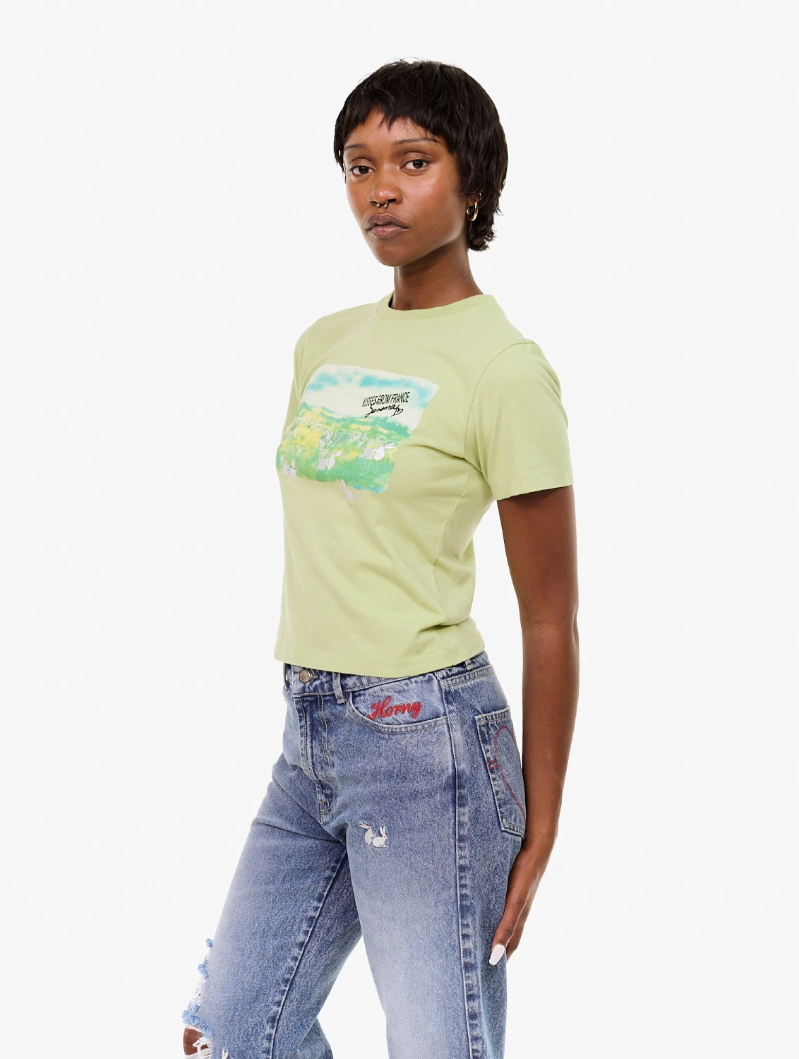 Carne Bollente Pasture Princess T-Shirt Green front view on model