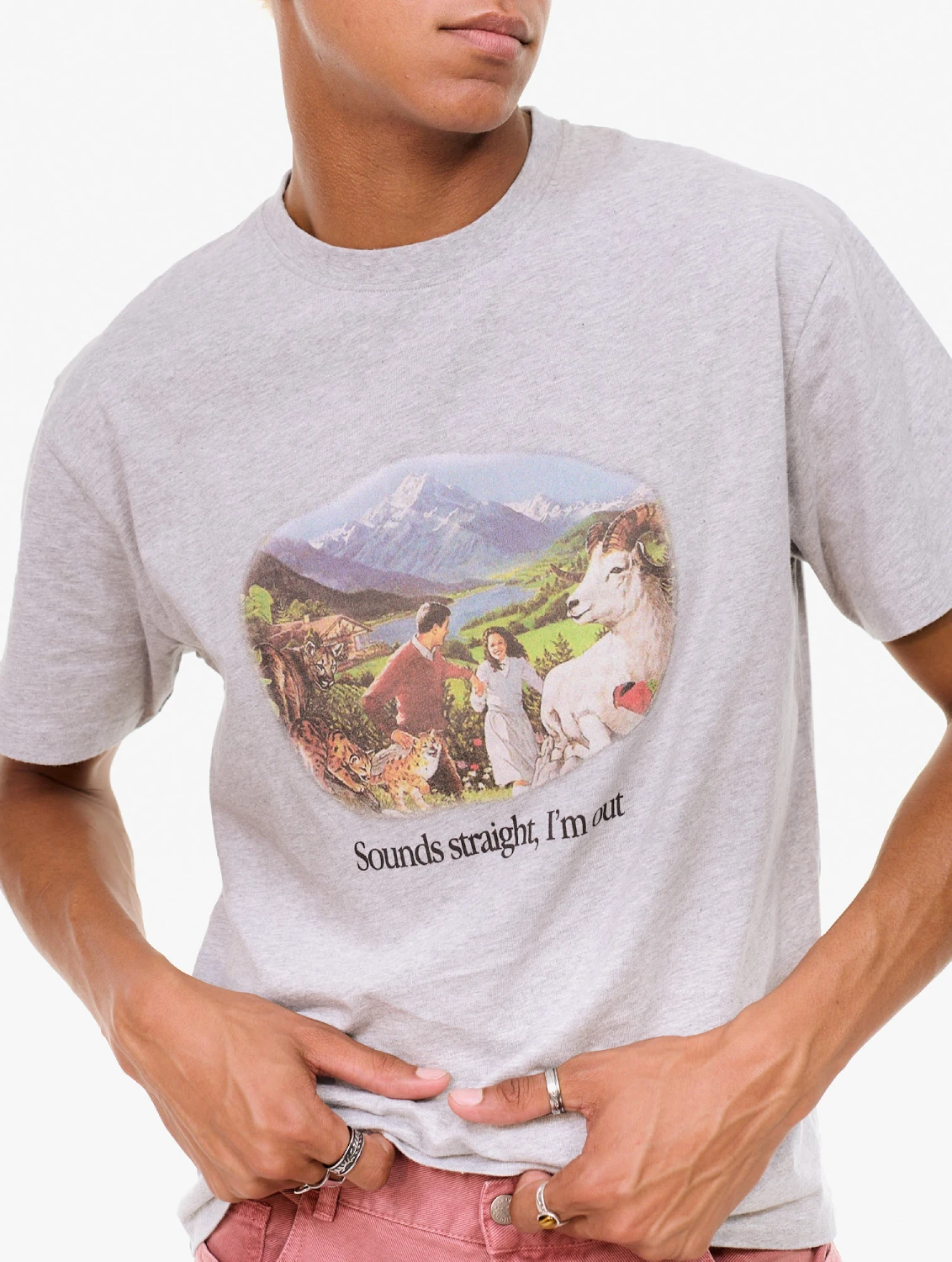 Carne Bollente Sounds Straight, I'm Out T-Shirt front view on model