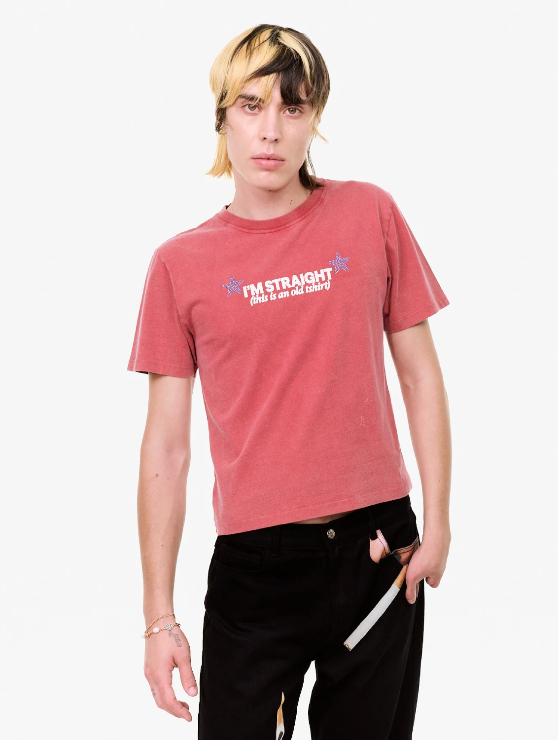 Carne Bollente Straight Up Gay T-Shirt front view on model