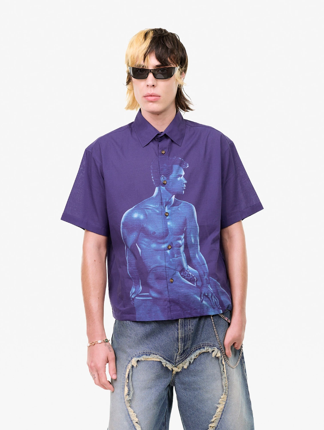 Carne Bollente x Sadao Hasegawa In Blue Shirt front view on model