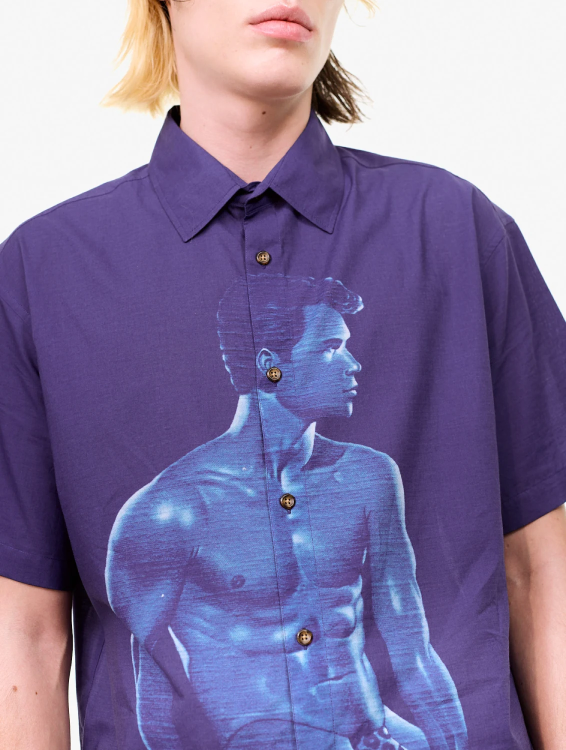 Carne Bollente x Sadao Hasegawa In Blue Shirt front view on model