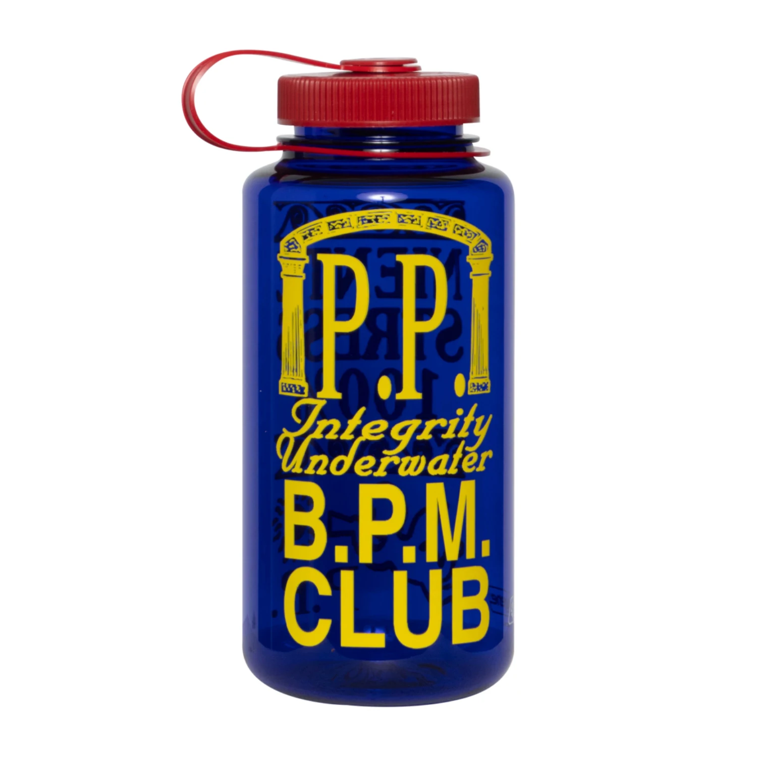 Public Possession Niente Stress Nalgene Bottle Blue back view in a white background