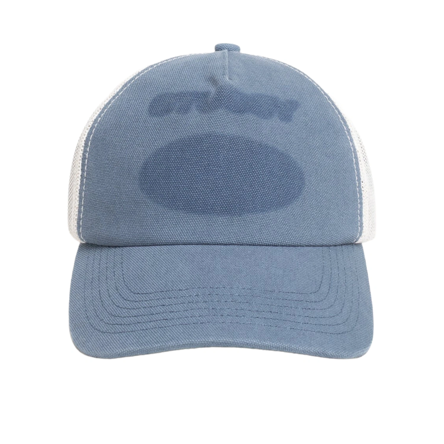 Stüssy Ghost Logo Trucker Blue front view in a white background