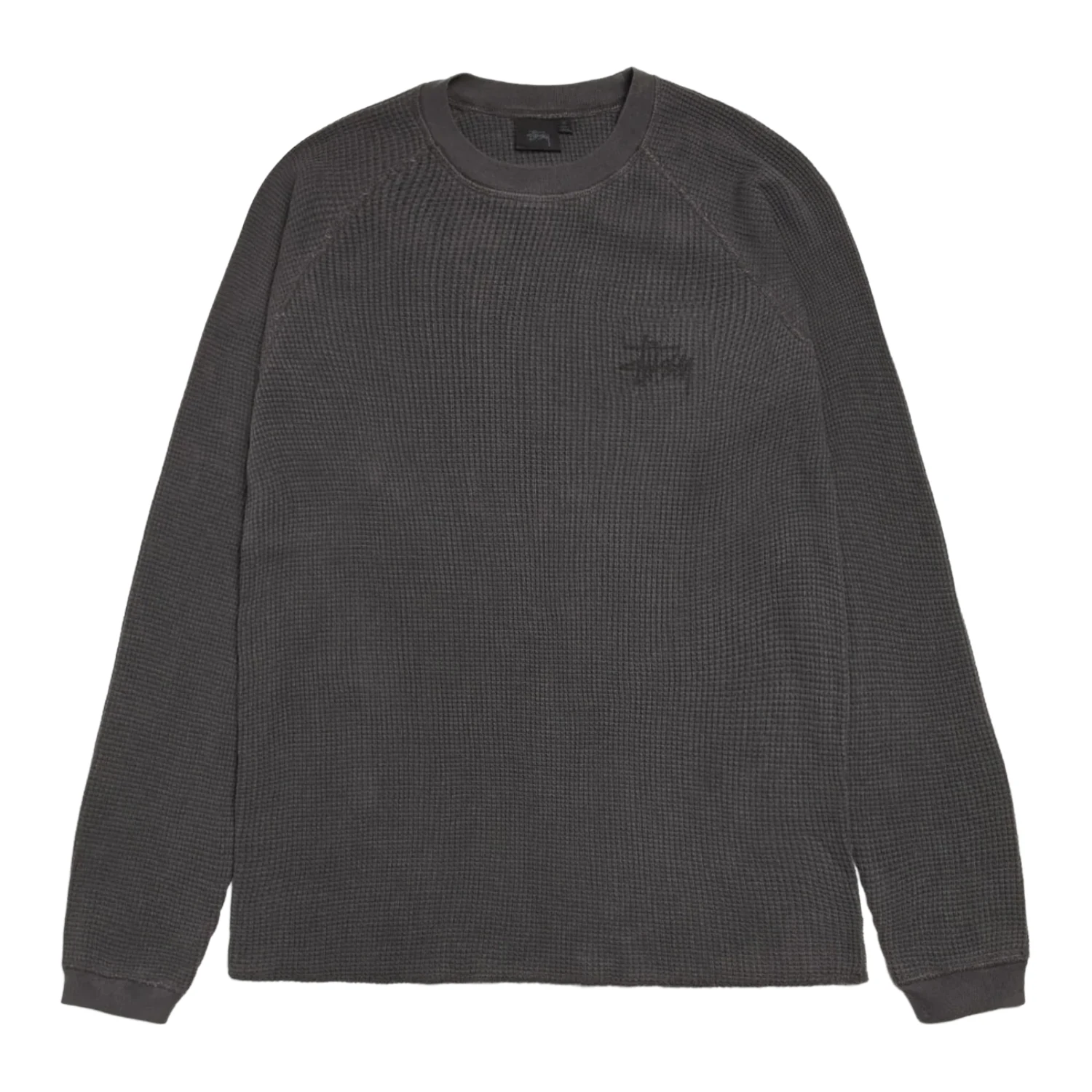 Stüssy Raglan Thermal Basic Stock Washed Black front view in a white background