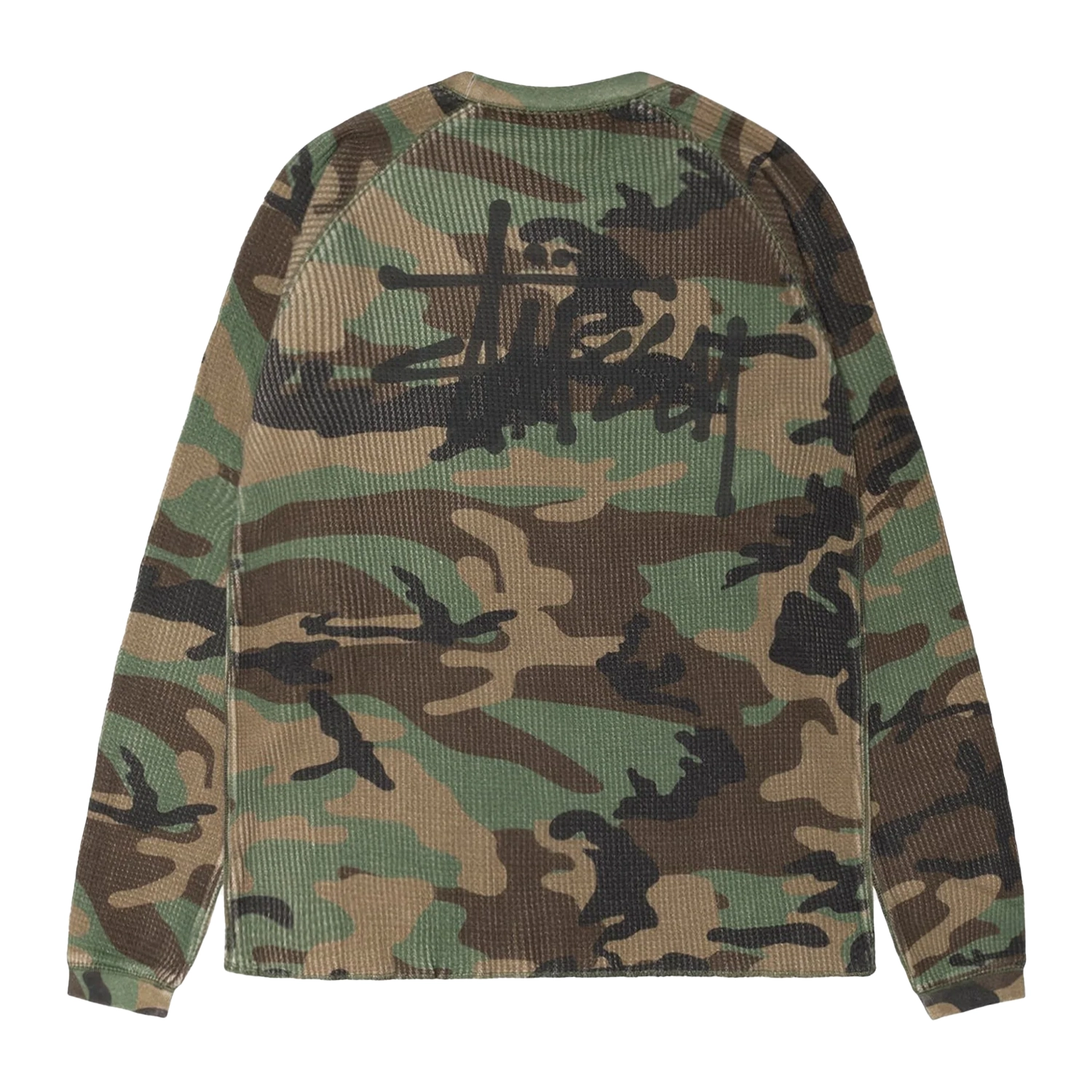 Stüssy Raglan Thermal Basic Stock Woodland Camo back view in a white background