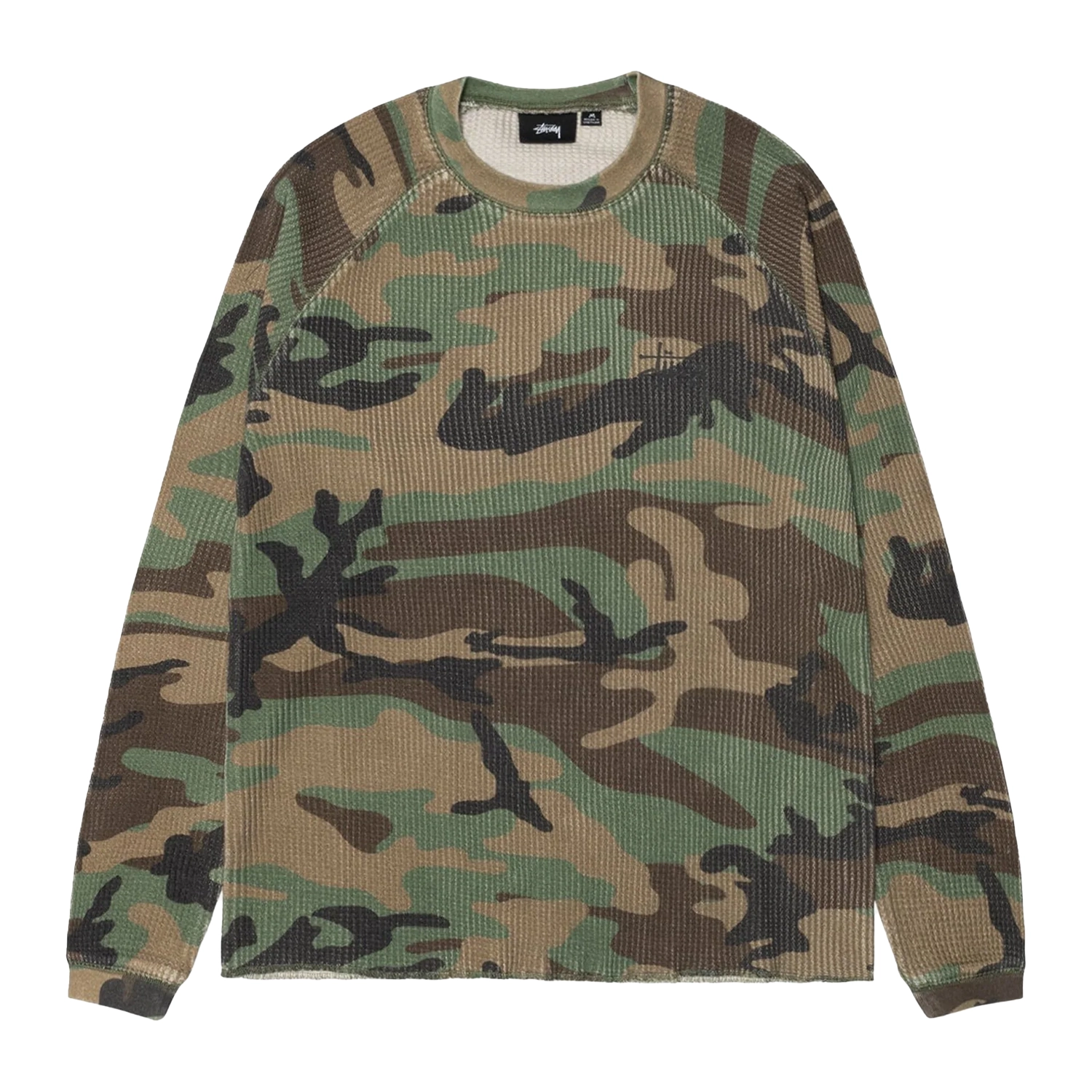 Stüssy Raglan Thermal Basic Stock Woodland Camo front view in a white background