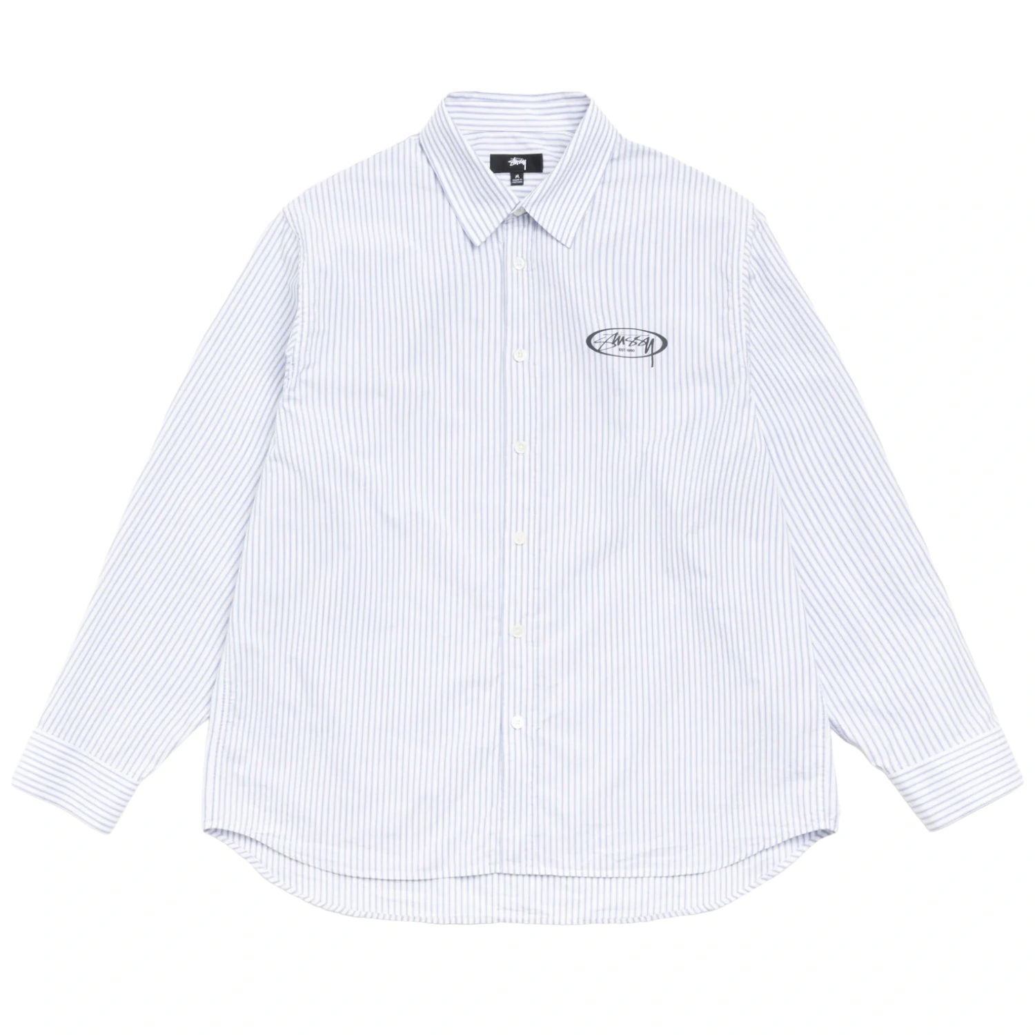 Stüssy Standard Logo Shirt Blue Stripe front view in a white background