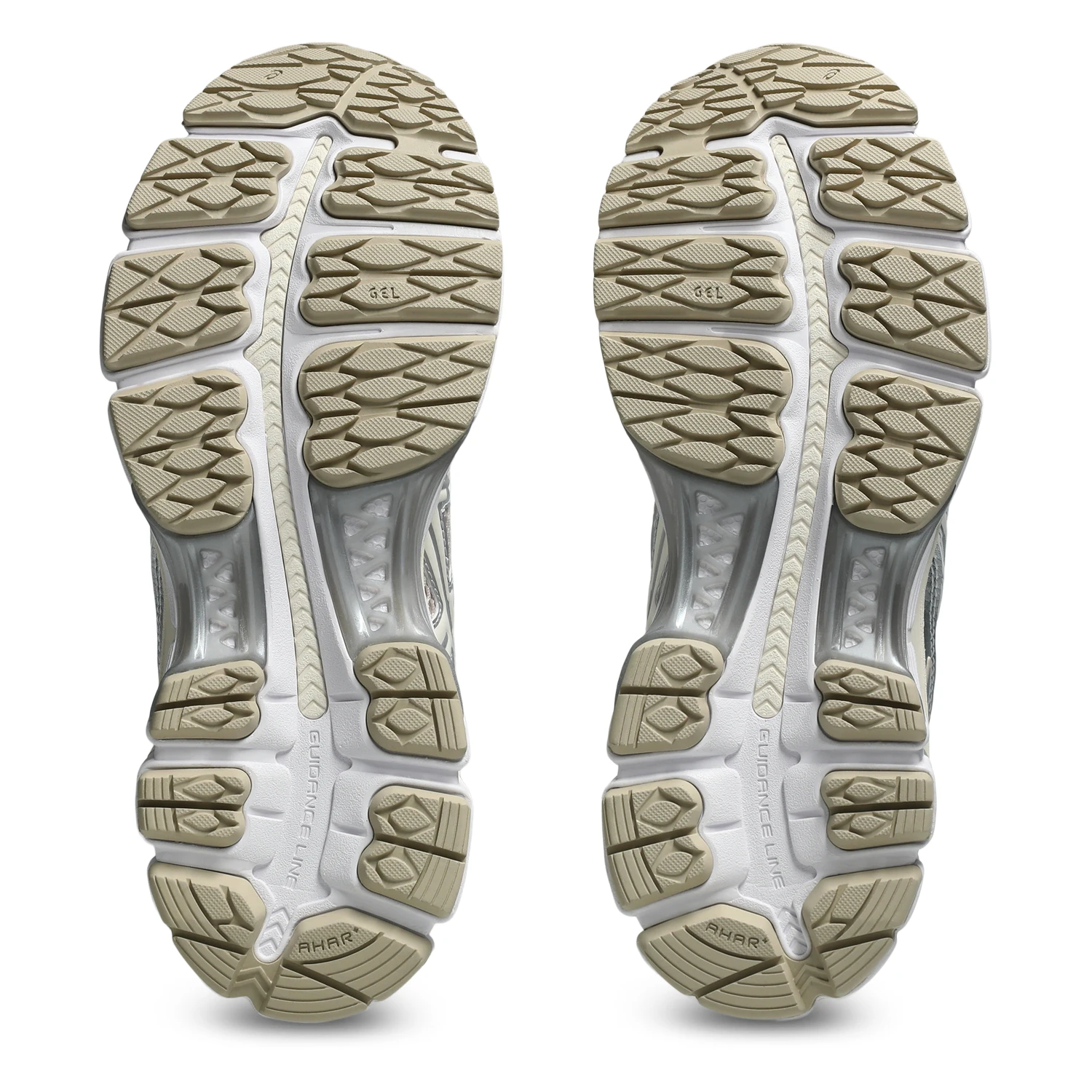 Asics Gel-Kayano 12.1 Mineral Beige/Cream bottom view in a white background