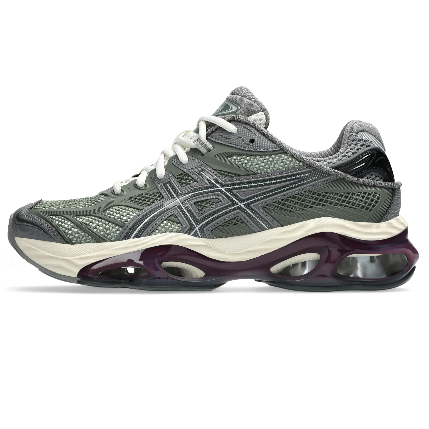 Asics Gel-Kinetic 2.0 Lichen Green/Beniimo Purple side view in a white background