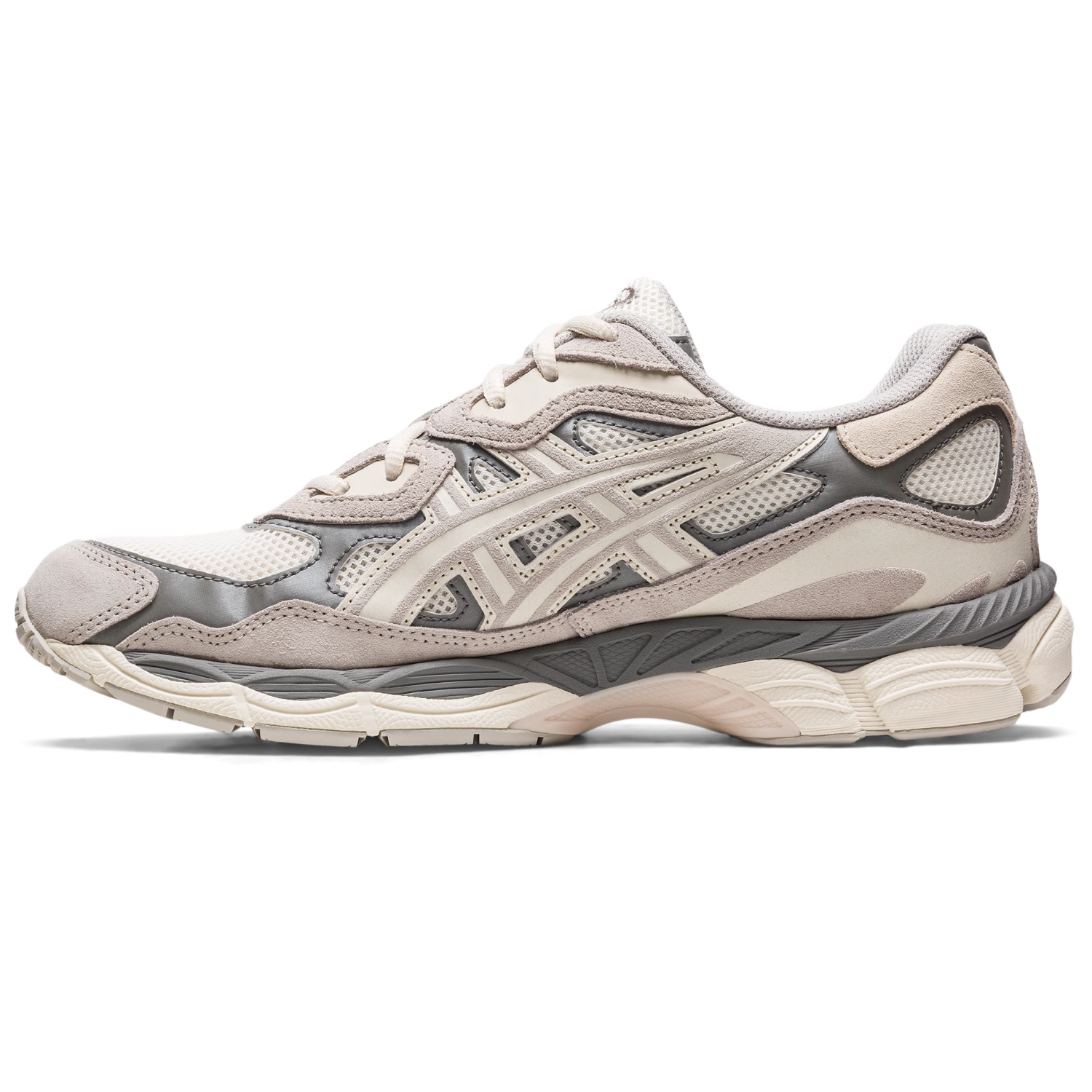 Asics GEL-NYC Cream/Oyster Grey side view in a white background