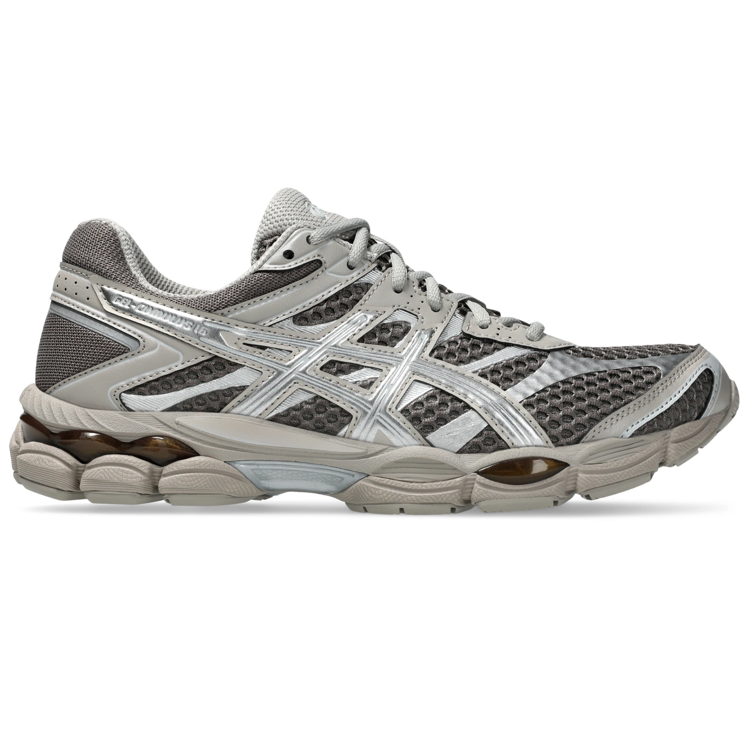 Asics Gel-Cumulus 16 Cocoa Powder/Pure Silver side view in a white background