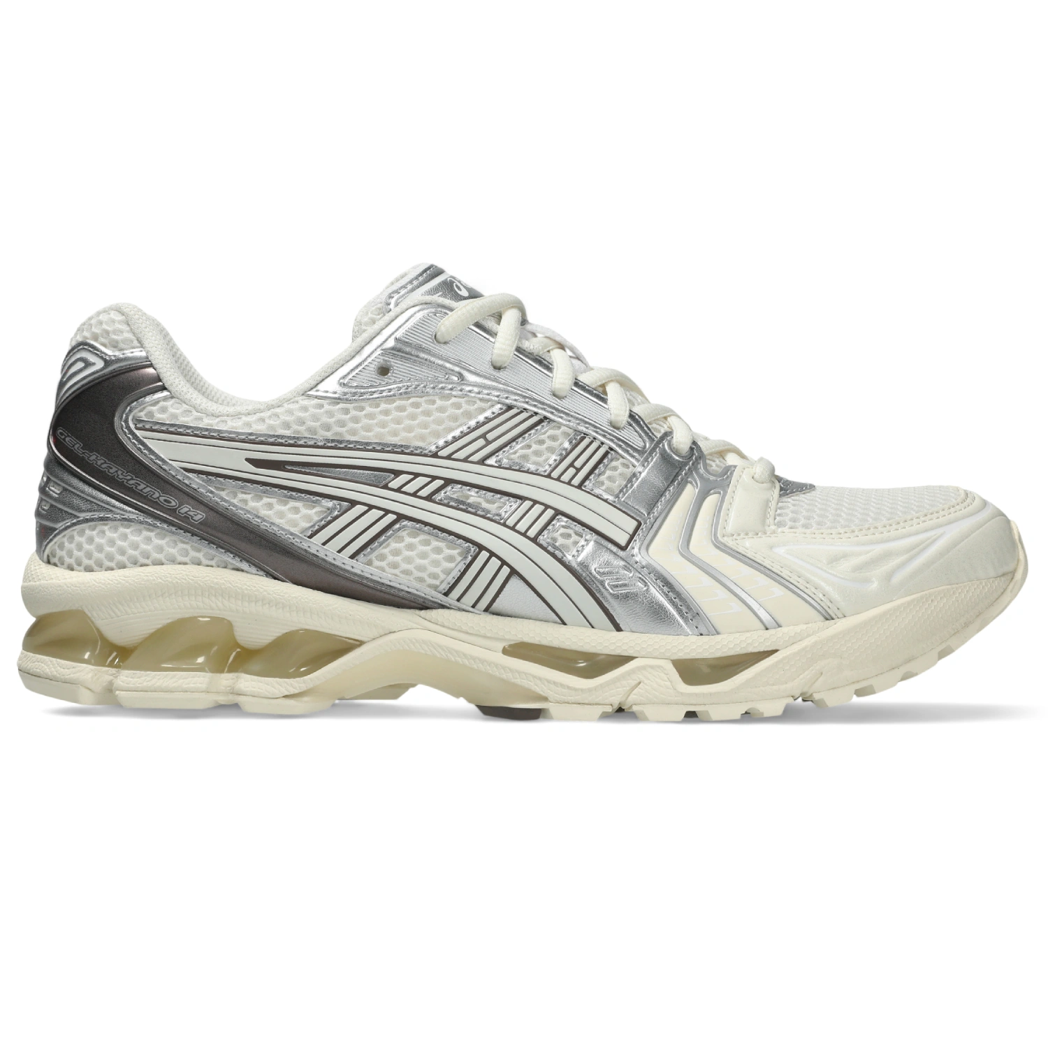 Asics Gel-Kayano 14 Cream/Cocoa Powder side view in a white background