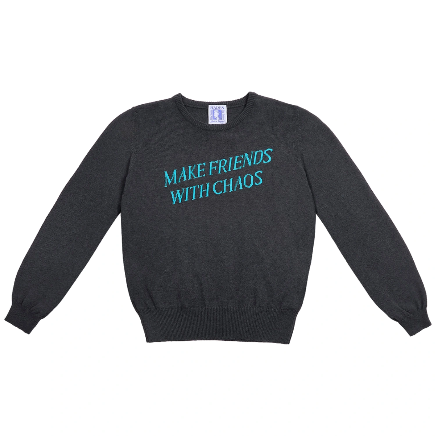 Hades Wool Make Friends With Chaos Jumper Grey front view in a white background