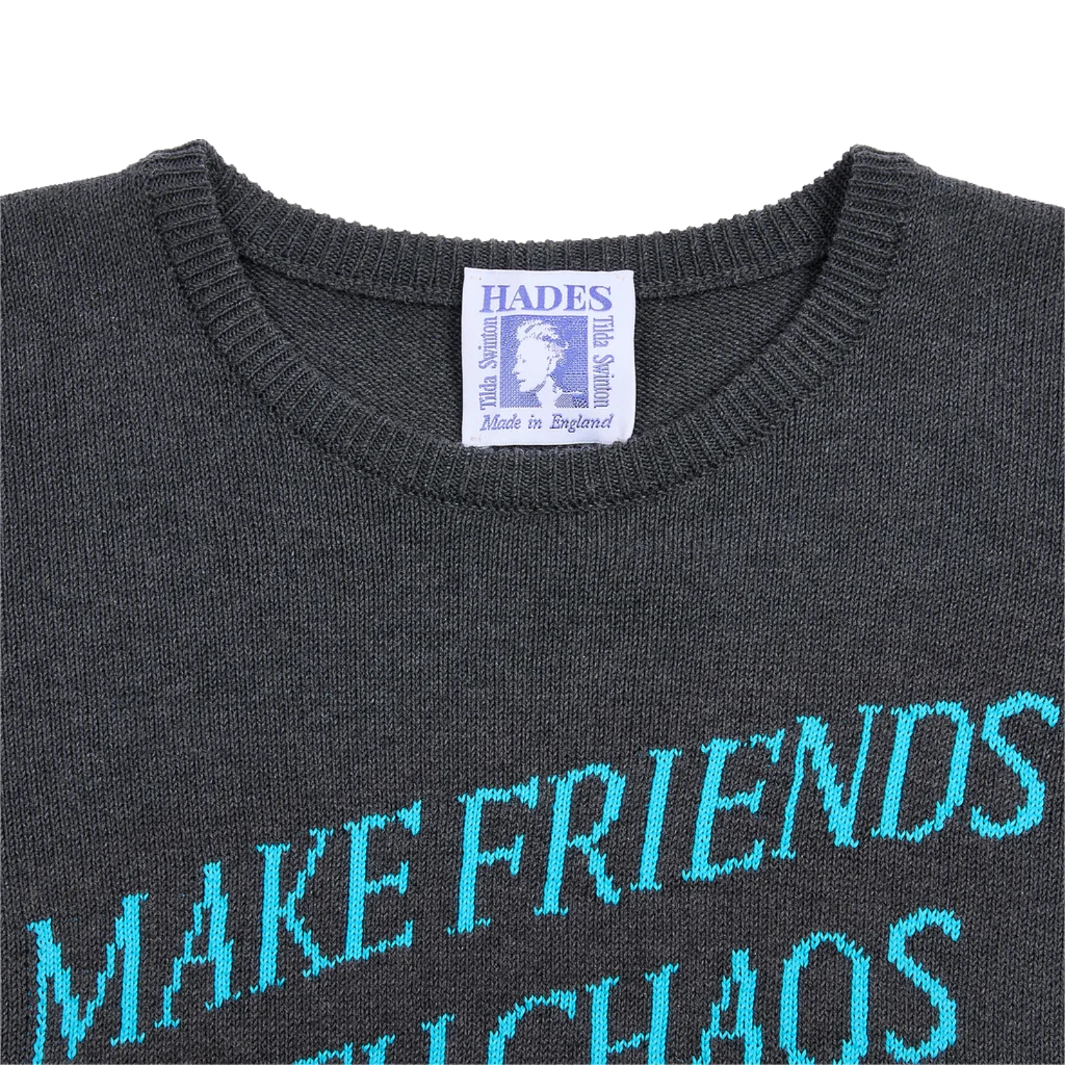 Hades Wool Make Friends With Chaos Jumper Grey front view in a white background