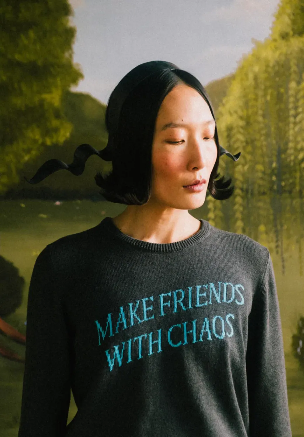 Hades Wool Make Friends With Chaos Jumper Grey on model
