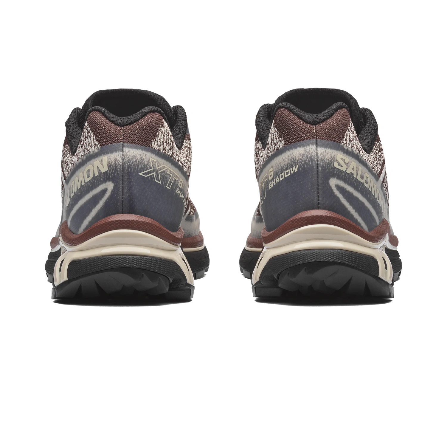 Salomon XT-6 Shadow Almond Milk/Black Coffee/Bitter back view in a white background