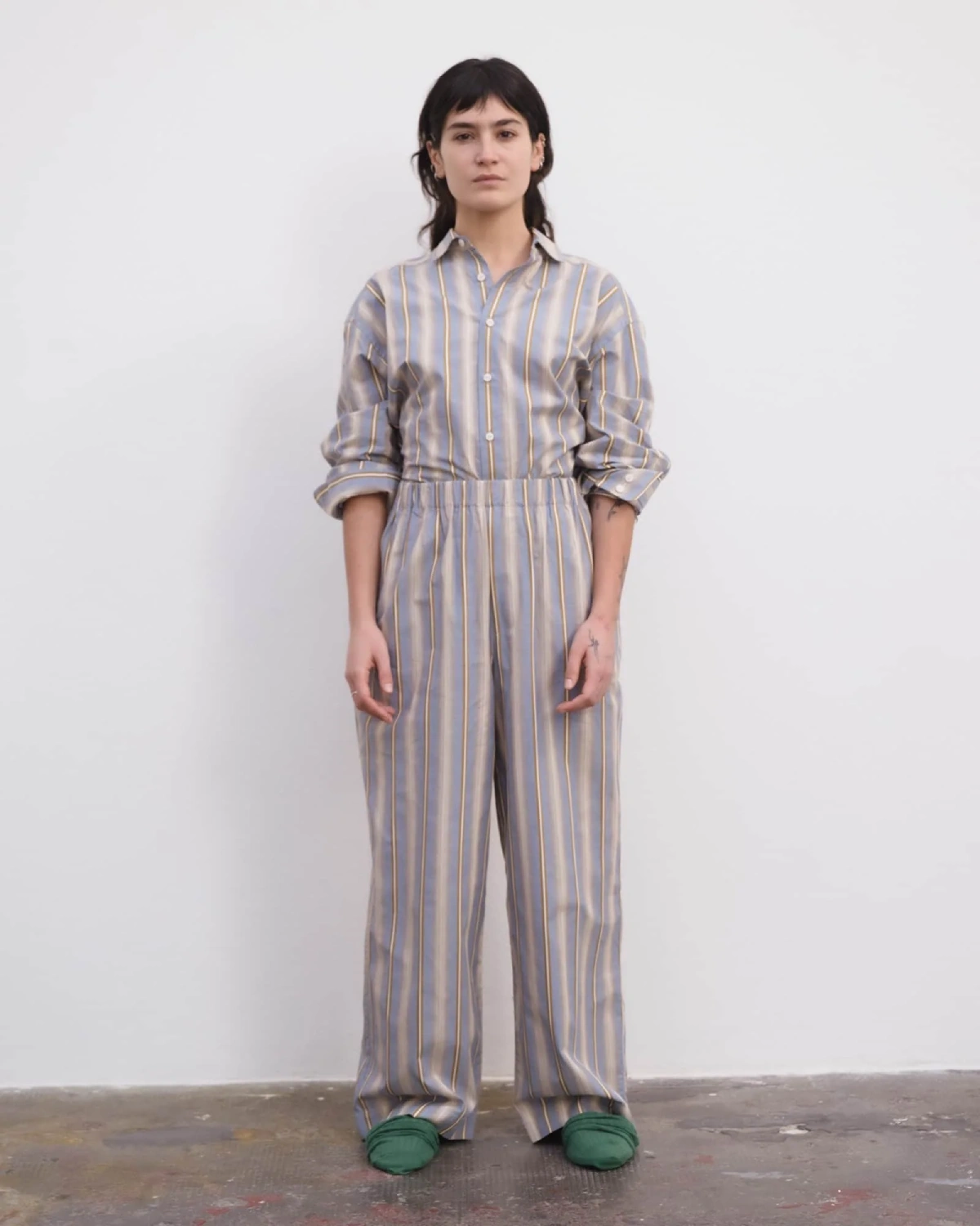 Baserange Claude Pants Grid Stripe front view on model