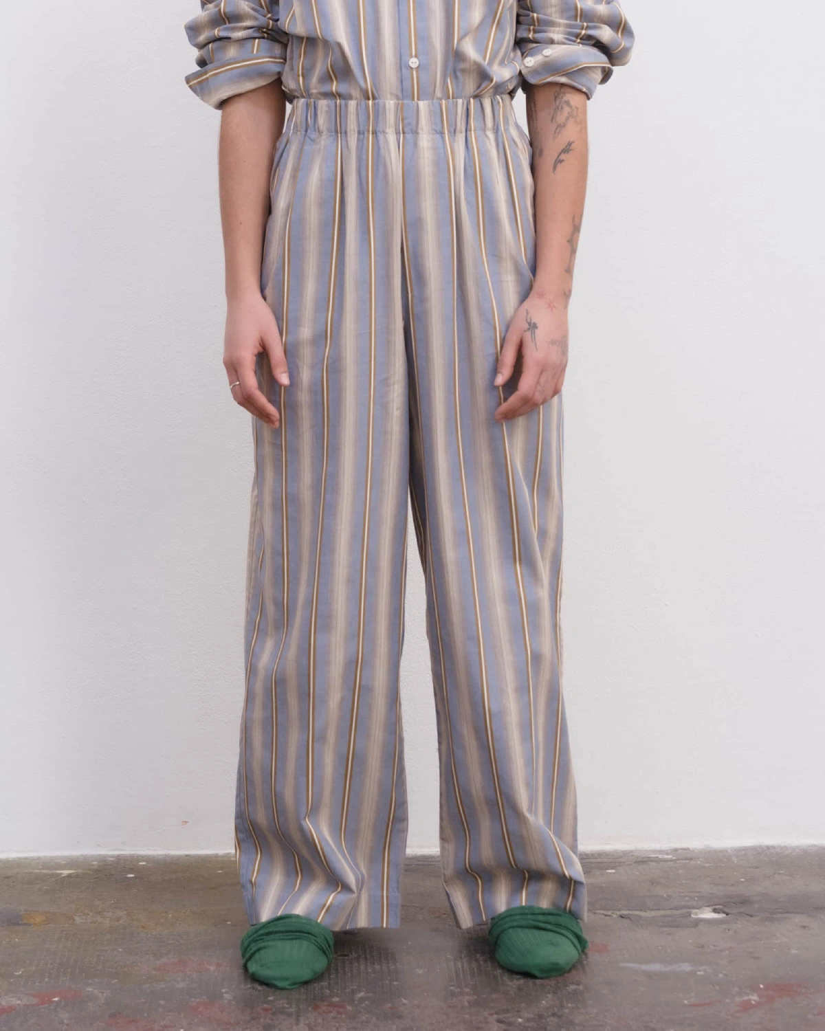 Baserange Claude Pants Grid Stripe front view on model