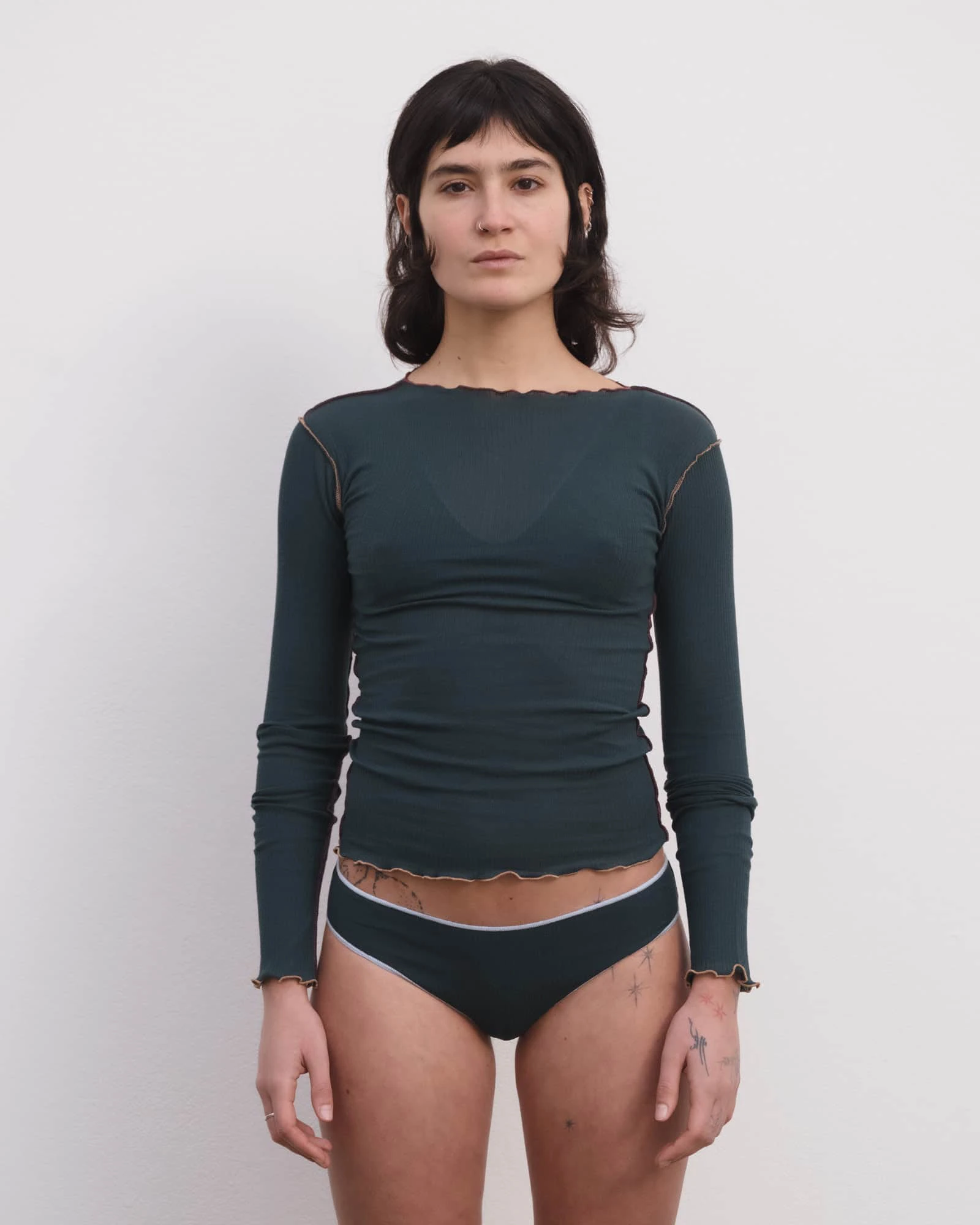 Baserange Vein Long Sleeve Tee Hirsu Green front view on model