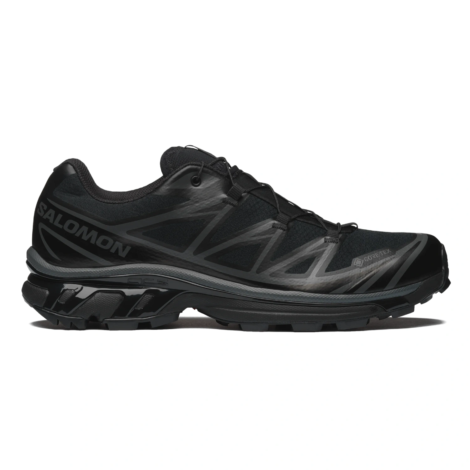 Salomon XT-6 GTX Black/Black/Asphalt side view in a white background
