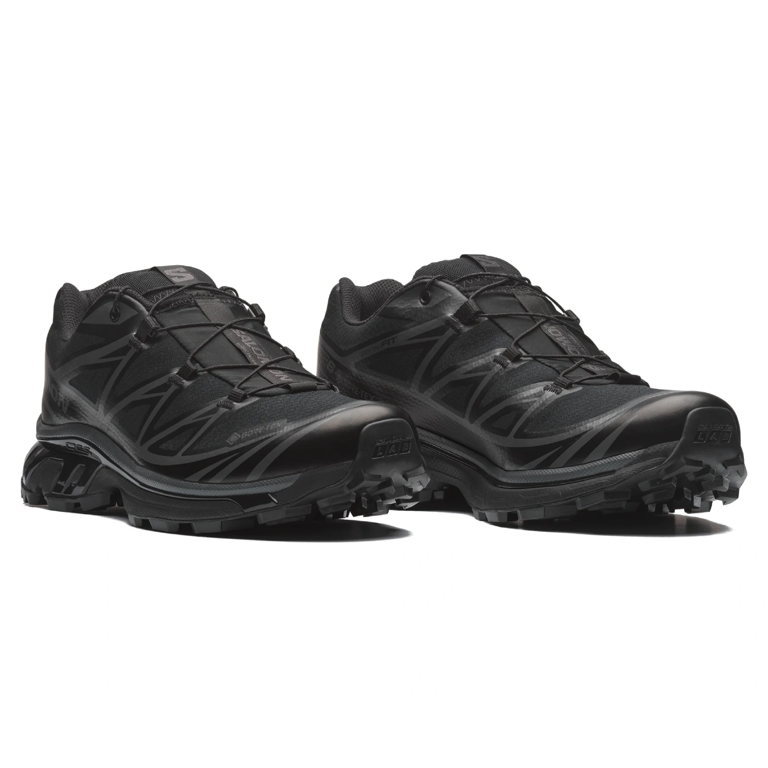 Salomon XT-6 GTX Black/Black/Asphalt side view in a white background