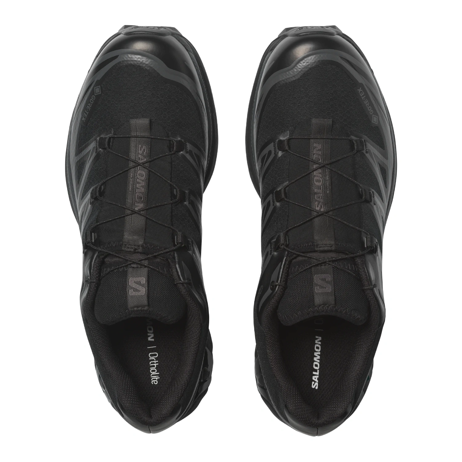 Salomon XT-6 GTX Black/Black/Asphalt top view in a white background