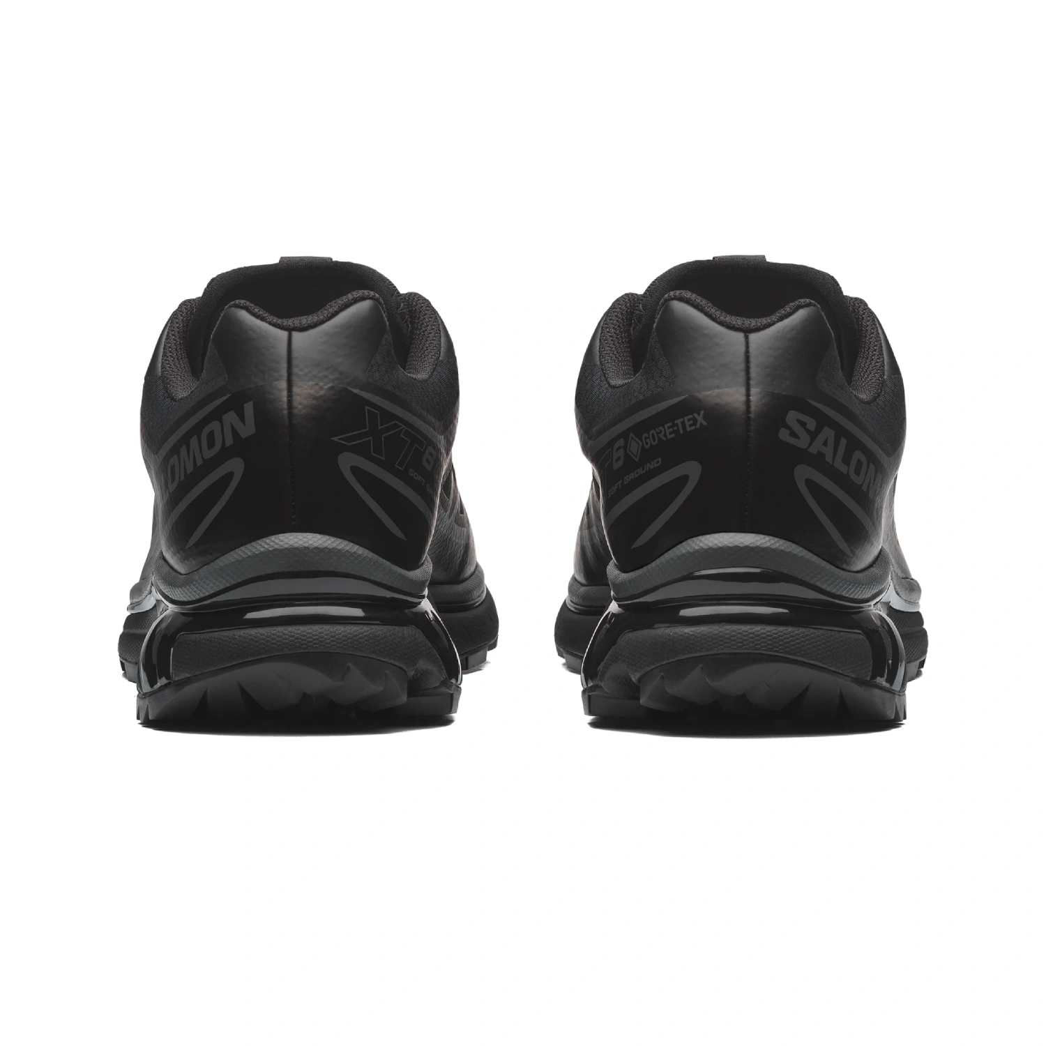 Salomon XT-6 GTX Black/Black/Asphalt back view in a white background