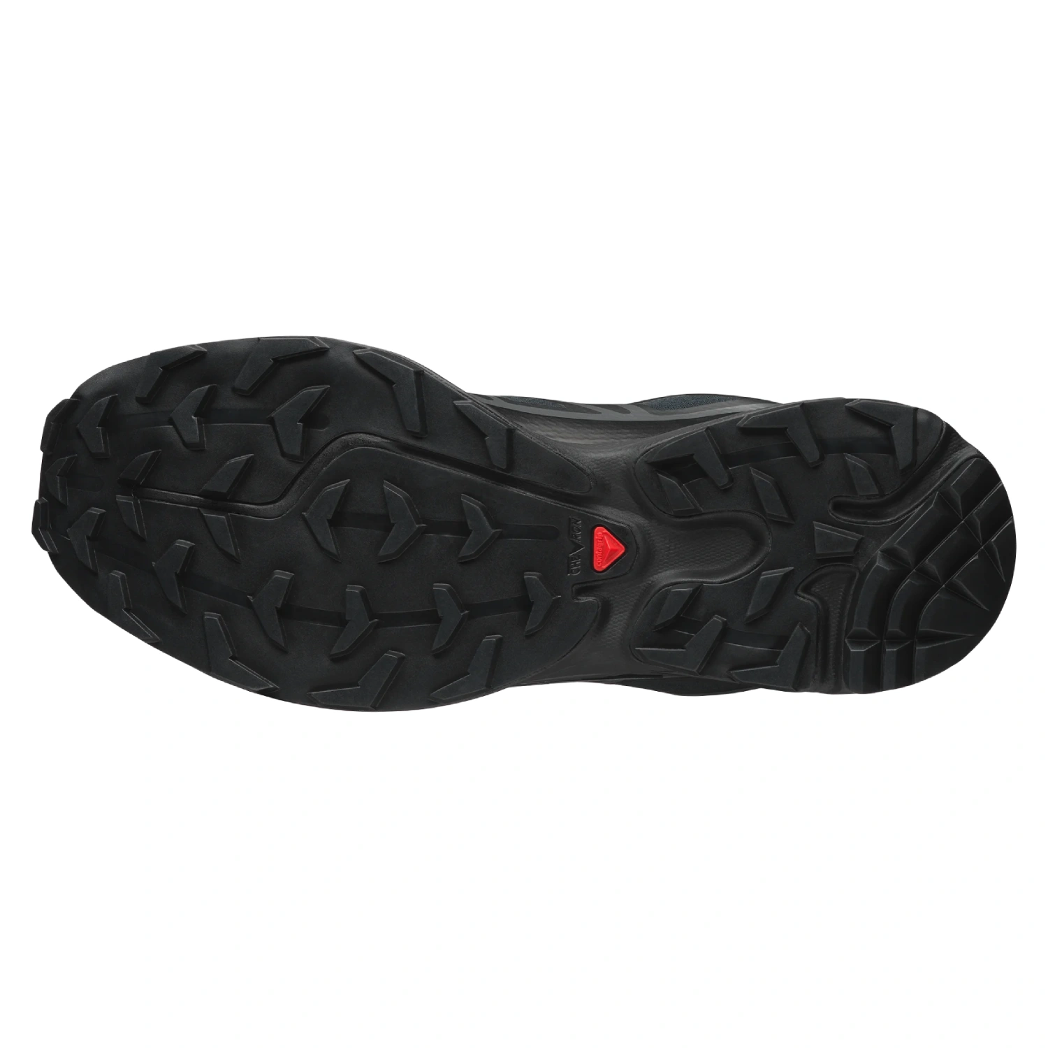 Salomon XT-6 GTX Black/Black/Asphalt bottom view in a white background