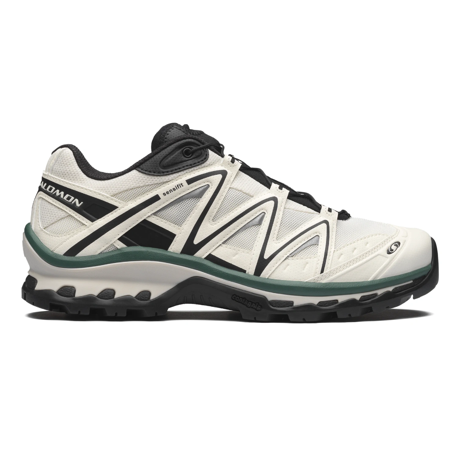 Salomon XT-Quest Vanilla Ice/Black/Bistro Green side view in a white background