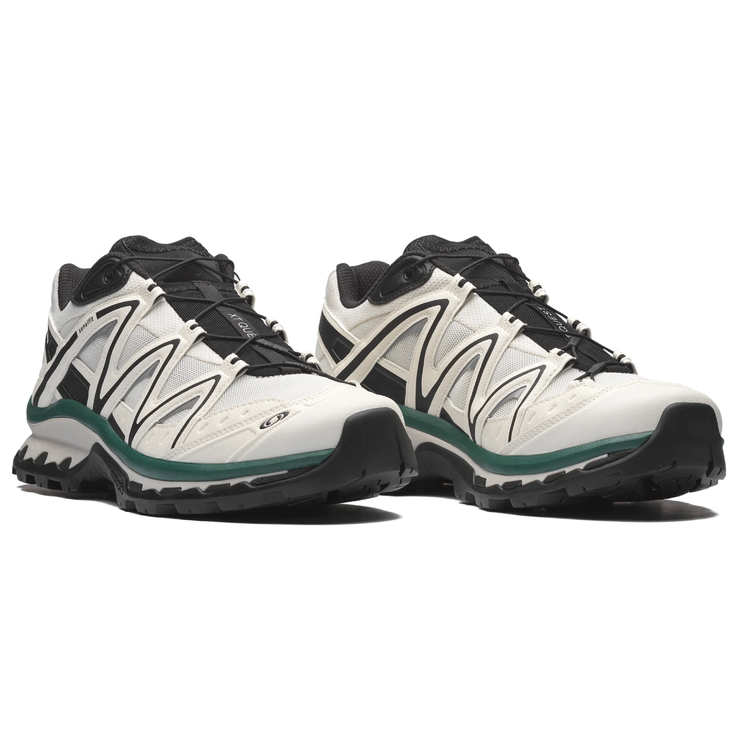 Salomon XT-Quest Vanilla Ice/Black/Bistro Green side view in a white background