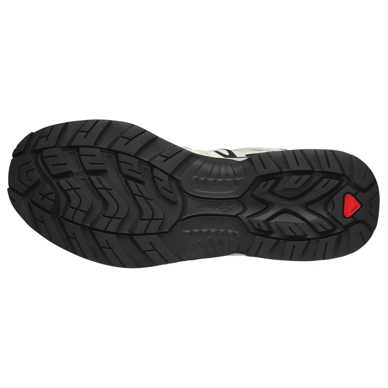 Salomon XT-Quest Vanilla Ice/Black/Bistro Green bottom view in a white background